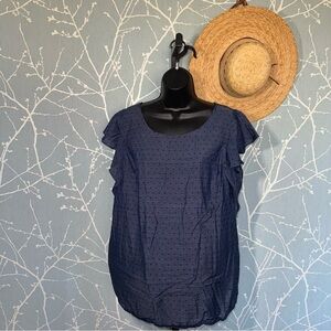 Motherhood Maternity navy swiss dot flutter sleeve top size L baby bump blouse